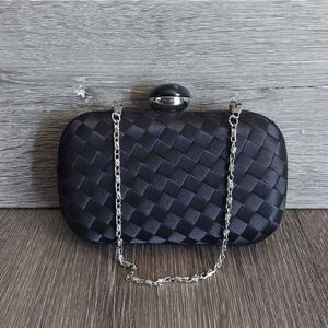 Kate Landry Elegant Black Woven Satin Clutch with Chain Strap